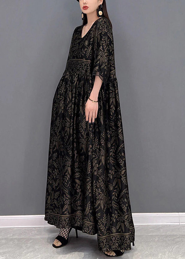 Plus Size Black V Neck Print Silk Long Dress Short Sleeve - Image 3