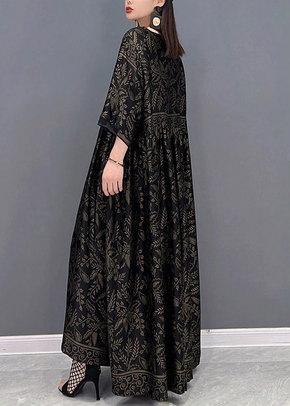 Plus Size Black V Neck Print Silk Long Dress Short Sleeve - Image 4