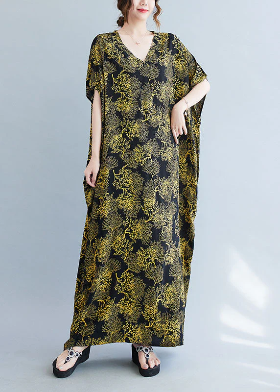 Plus Size Black V Neck Yellow Print Cotton Vacation Dresses Caftan Batwing Sleeve - Image 2