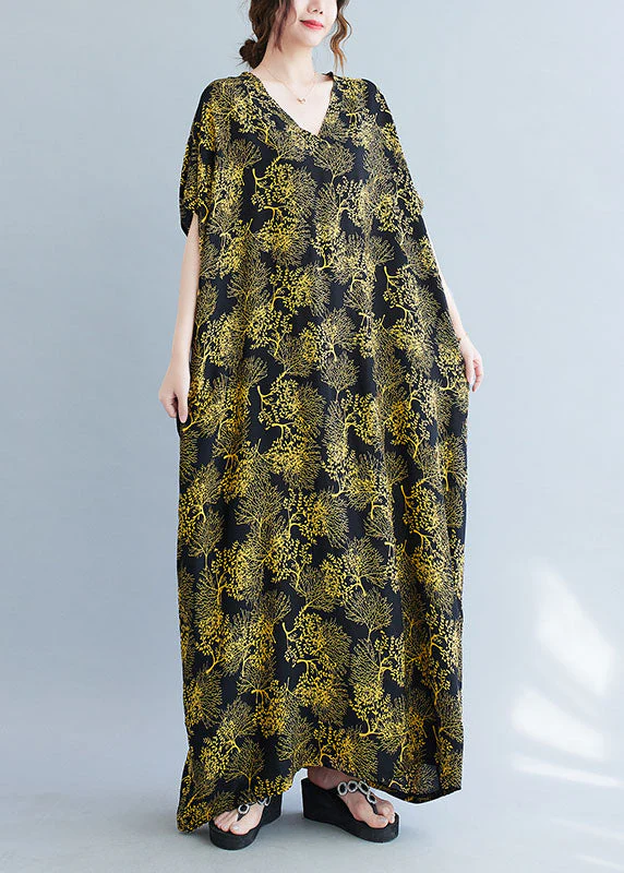 Plus Size Black V Neck Yellow Print Cotton Vacation Dresses Caftan Batwing Sleeve - Image 3