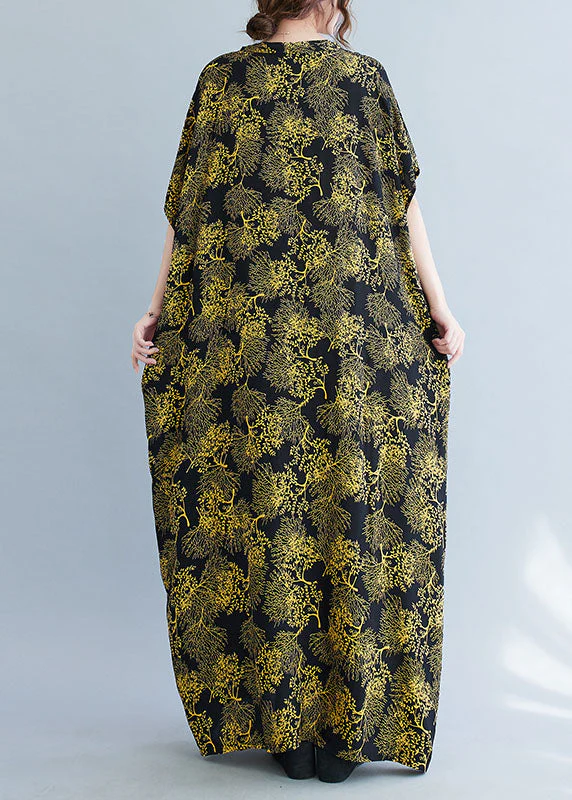 Plus Size Black V Neck Yellow Print Cotton Vacation Dresses Caftan Batwing Sleeve - Image 4