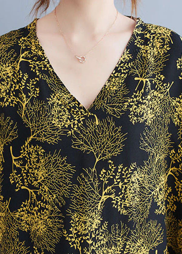 Plus Size Black V Neck Yellow Print Cotton Vacation Dresses Caftan Batwing Sleeve - Image 5