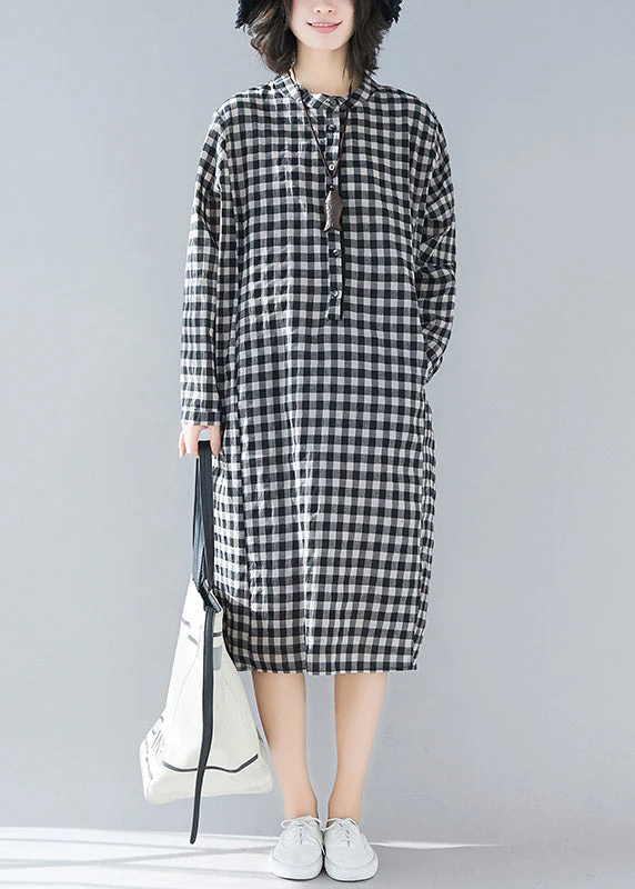 Plus Size Black White Plaid Stand Collar Pockets Side Open Linen Dresses Long Sleeve - Image 2