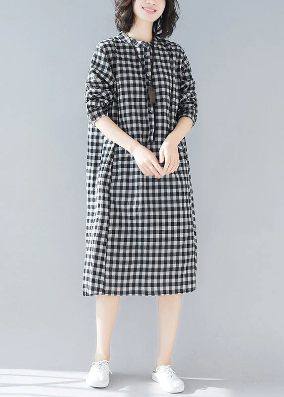 Plus Size Black White Plaid Stand Collar Pockets Side Open Linen Dresses Long Sleeve - Image 3