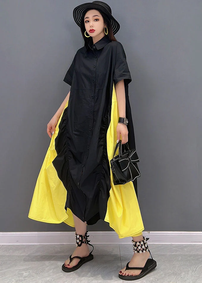 Plus Size Black Yellow Colorblock Peter Pan Collar Wrinkled Cotton Shirt Dress Short Sleeve - Image 2