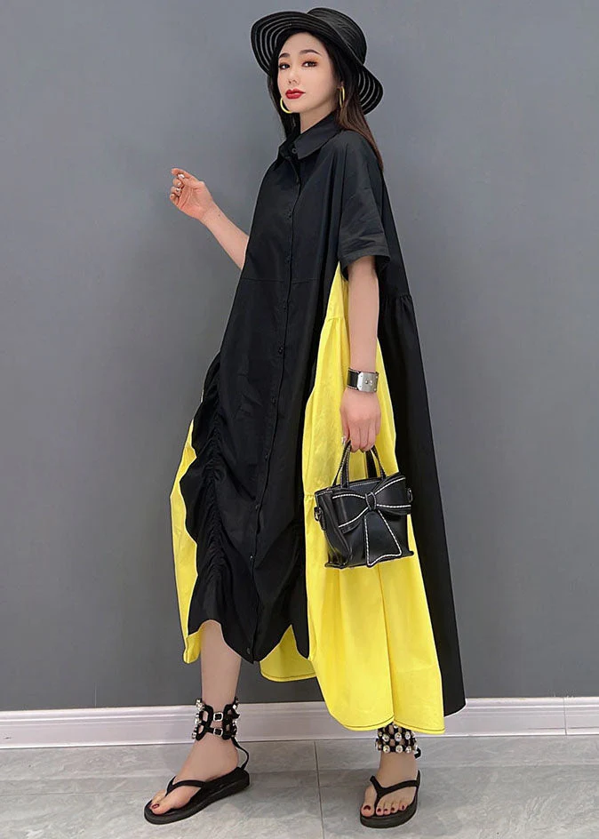 Plus Size Black Yellow Colorblock Peter Pan Collar Wrinkled Cotton Shirt Dress Short Sleeve - Image 3