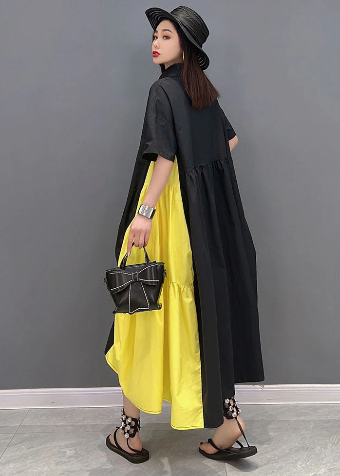 Plus Size Black Yellow Colorblock Peter Pan Collar Wrinkled Cotton Shirt Dress Short Sleeve - Image 4