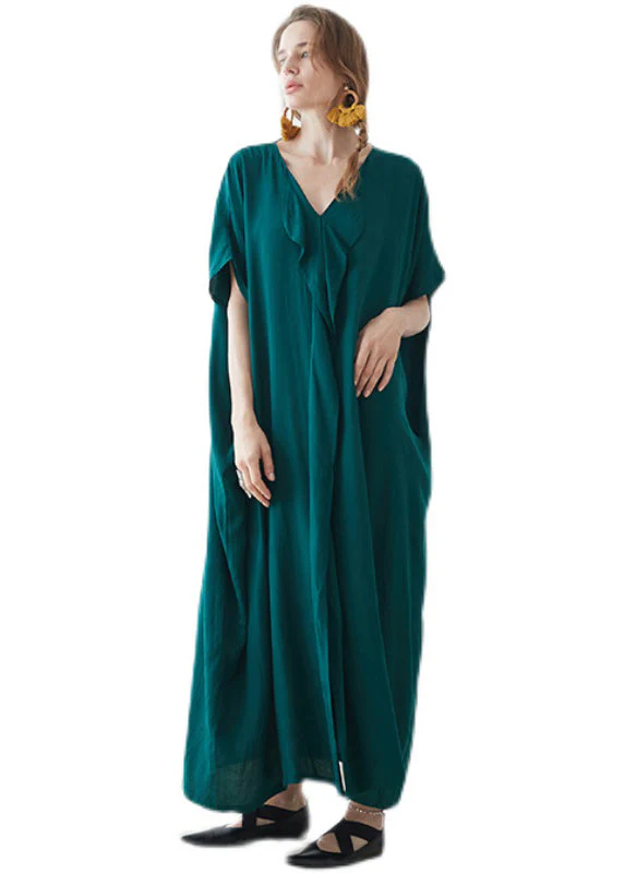 Plus Size Blackish Green V Neck Pockets Patchwork Cotton Maxi Dress Summer - Image 5
