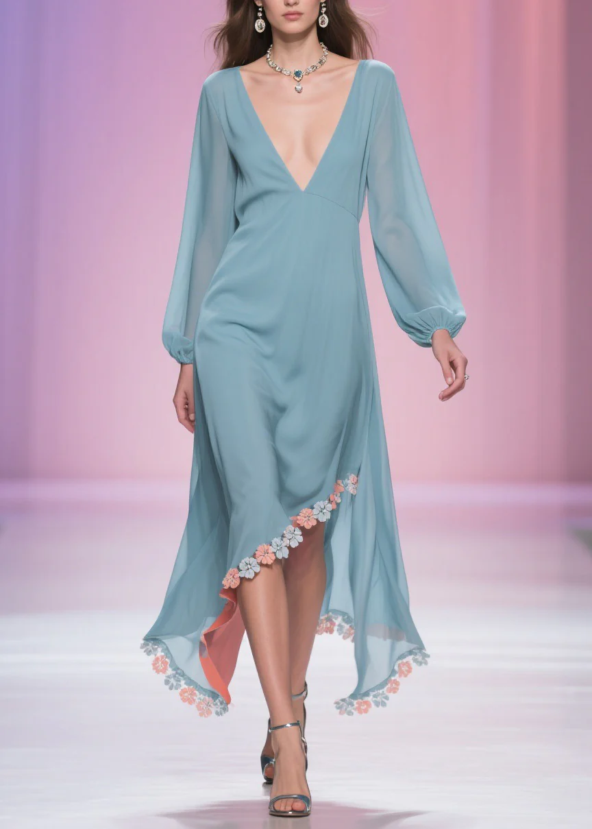 Plus Size Blue Asymmetrical Floral Chiffon Long Dress Spring - Image 5
