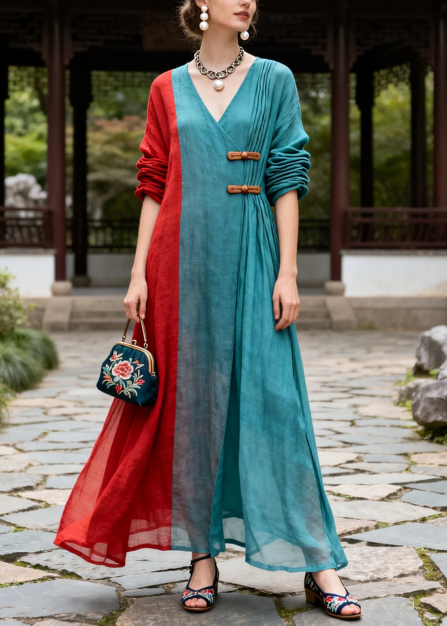 Plus Size Blue Asymmetrical Patchwork Chinese Button Cotton Dresses Summer - Image 3