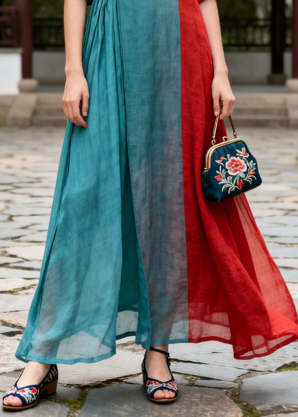 Plus Size Blue Asymmetrical Patchwork Chinese Button Cotton Dresses Summer - Image 4