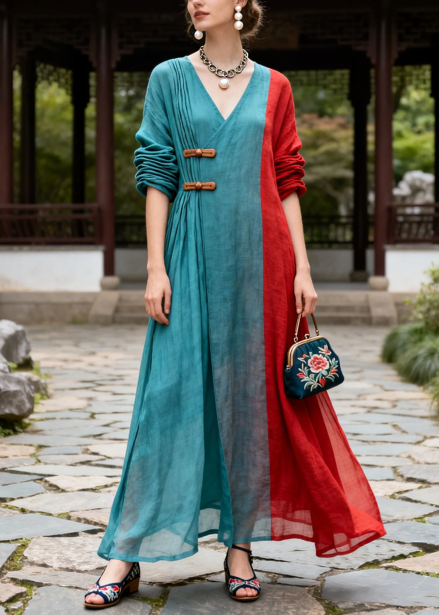 Plus Size Blue Asymmetrical Patchwork Chinese Button Cotton Dresses Summer - Image 5