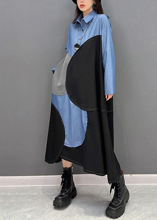 Plus Size Blue Black Patchwork Asymmetrical Design Cotton Loose Dress Fall - Image 3