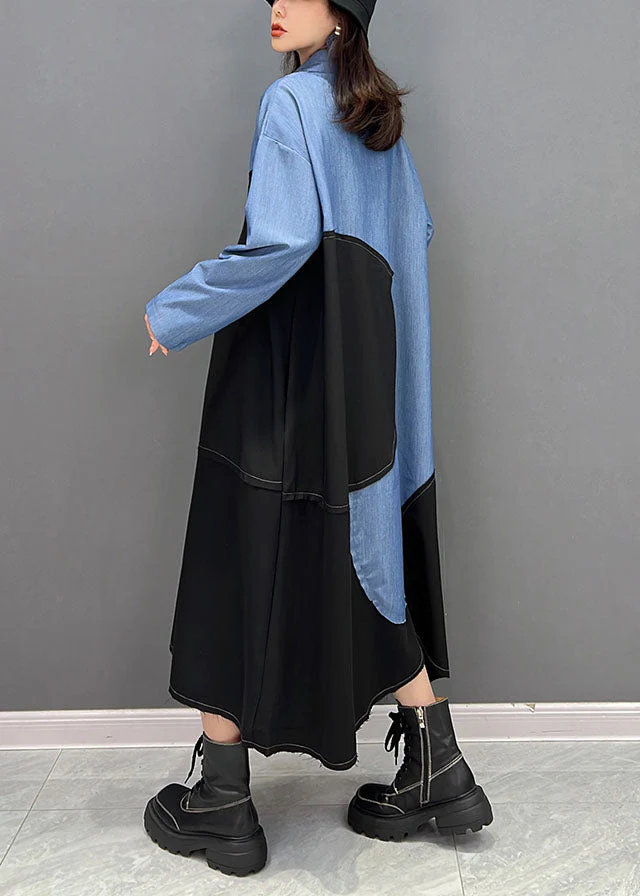 Plus Size Blue Black Patchwork Asymmetrical Design Cotton Loose Dress Fall - Image 4