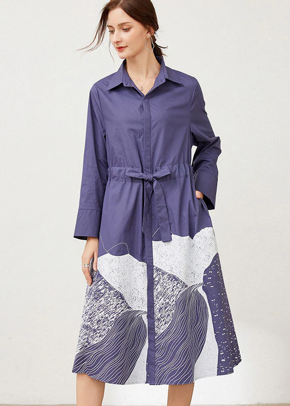 Plus Size Blue Cinched Print Cotton shirts Dresses Spring - Image 3