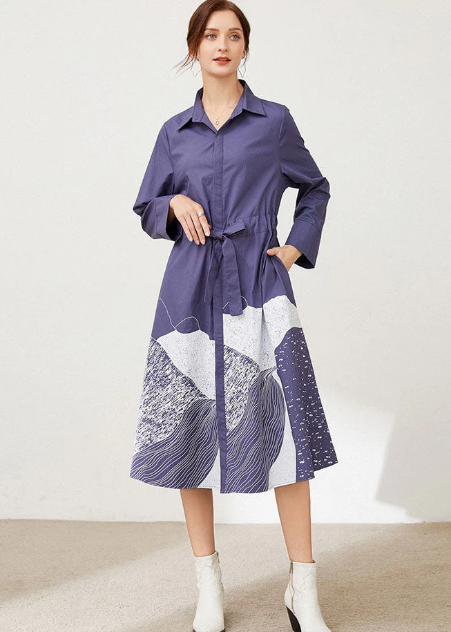 Plus Size Blue Cinched Print Cotton shirts Dresses Spring - Image 4