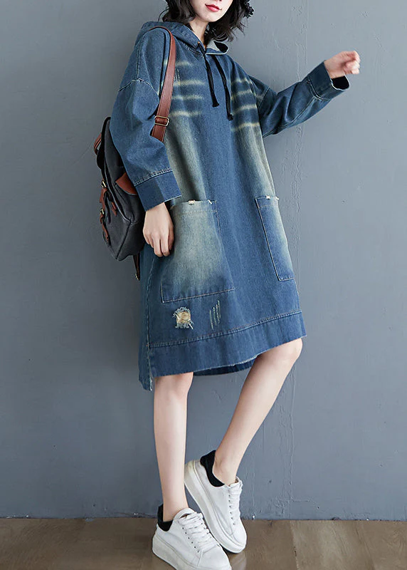 Plus Size Blue drawstring Hooded pocket Denim Dress Long Sleeve - Image 4