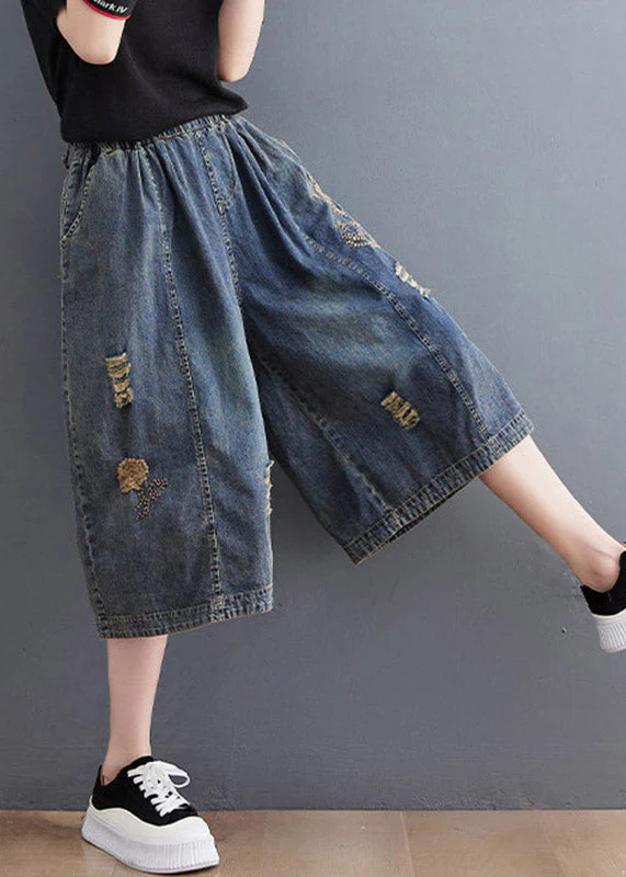 Plus Size Blue Embroidered Hole Crop Jeans - Image 5