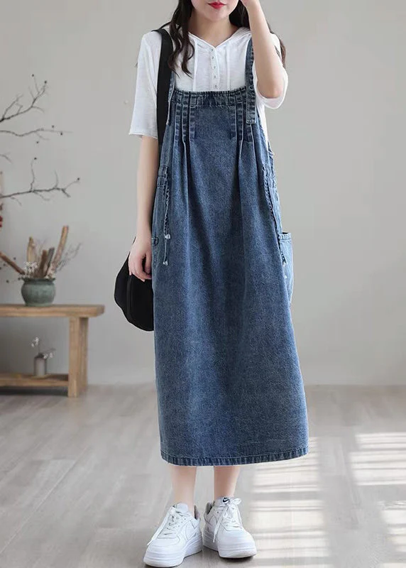 Plus Size Blue-brown flower drawstring pocket Spaghetti Strap Cotton denim Dress Spring - Image 5