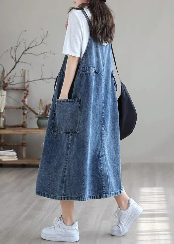 Plus Size Blue-brown flower drawstring pocket Spaghetti Strap Cotton denim Dress Spring - Image 7