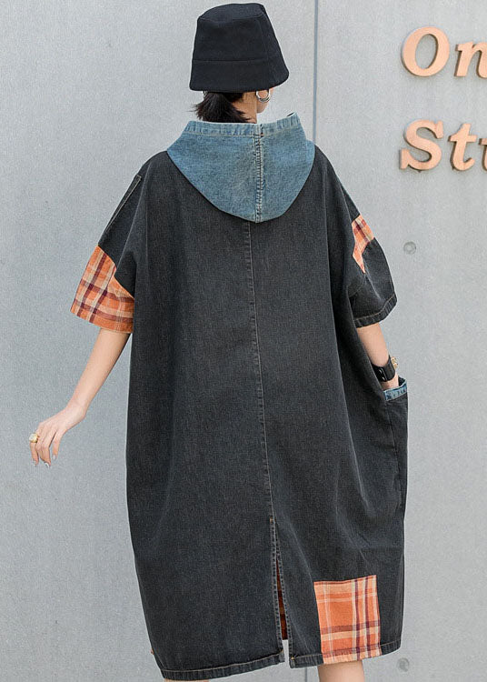 Plus Size Blue hooded Patchwork Plaid Pockets Fall Denim Dresses Half Sleeve - Image 5