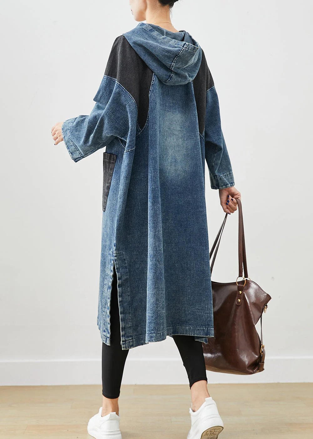 Plus Size Blue Hooded Patchwork Side Open Cotton Sweatshirt Dress Fall - Image 4
