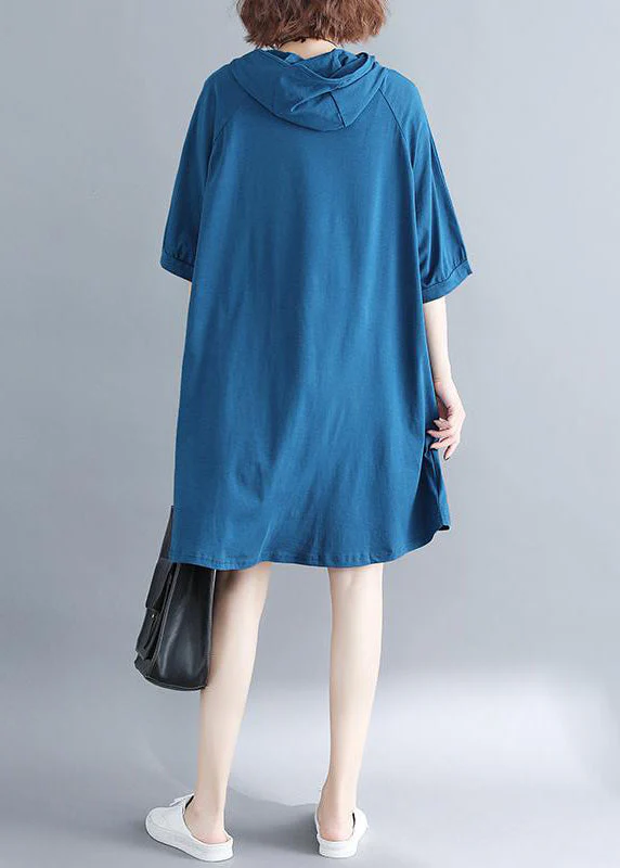 Plus Size Blue Hooded Print Cotton Sweatshirt Dress Summer - Image 5