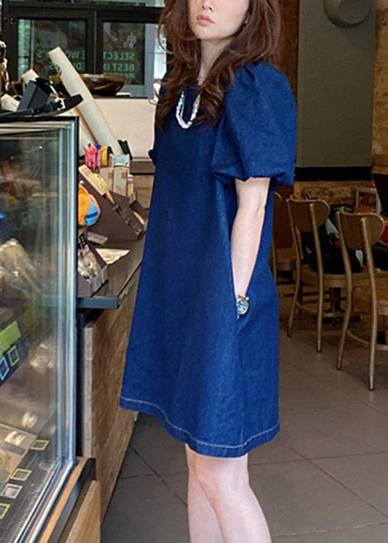 Plus Size Blue O-Neck Patchwork Cozy Mid Denim Dresses Short Sleeve - Image 2