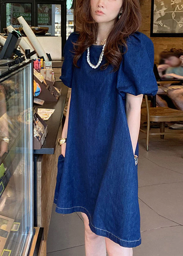 Plus Size Blue O-Neck Patchwork Cozy Mid Denim Dresses Short Sleeve - Image 3