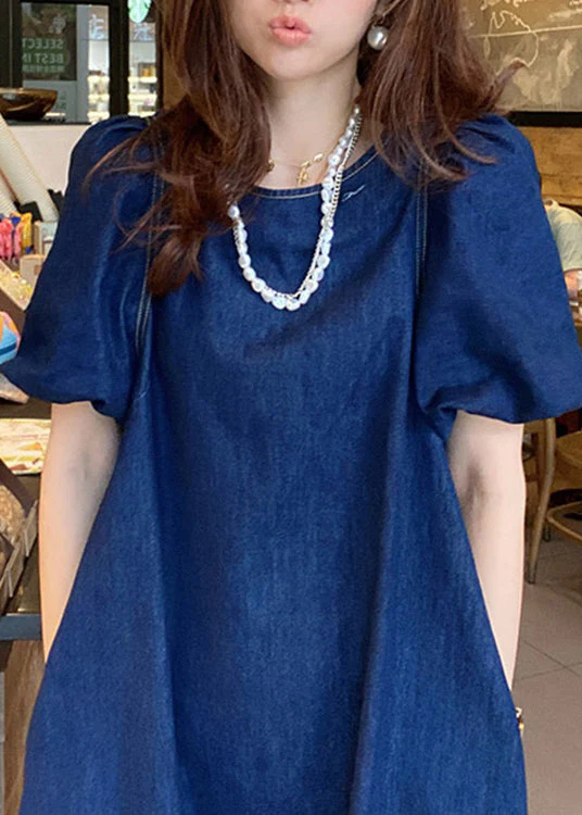 Plus Size Blue O-Neck Patchwork Cozy Mid Denim Dresses Short Sleeve - Image 4