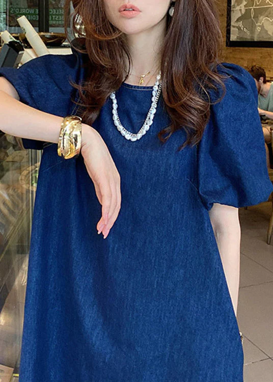 Plus Size Blue O-Neck Patchwork Cozy Mid Denim Dresses Short Sleeve - Image 5