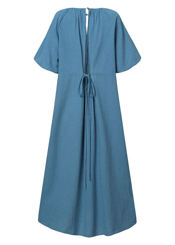 Plus Size Blue O-Neck Patchwork Tie Waist Long Dress Short Sleeve - Image 5
