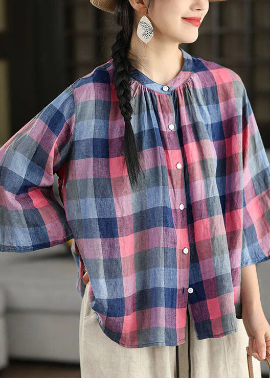 Plus Size Blue O Neck Plaid Linen Top Flare Sleeve - Image 2