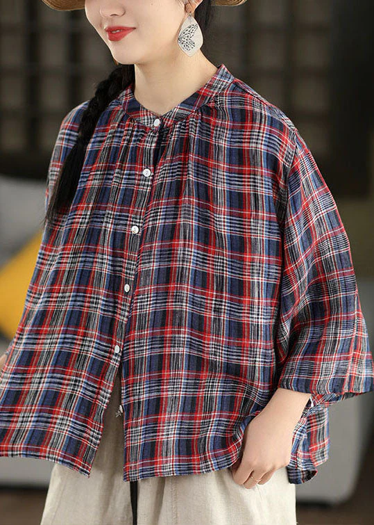 Plus Size Blue O Neck Plaid Linen Top Flare Sleeve - Image 3