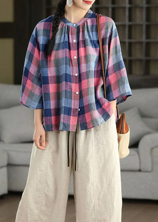 Plus Size Blue O Neck Plaid Linen Top Flare Sleeve - Image 4