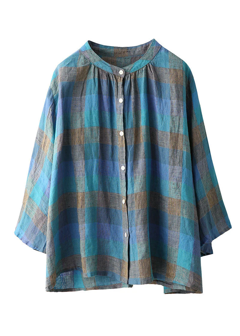 Plus Size Blue O Neck Plaid Linen Top Flare Sleeve - Image 5