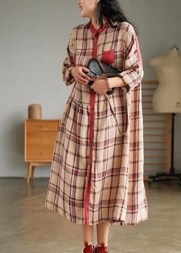 Plus Size Blue O-Neck Plaid Patchwork shirt Dress Spring - Image 2