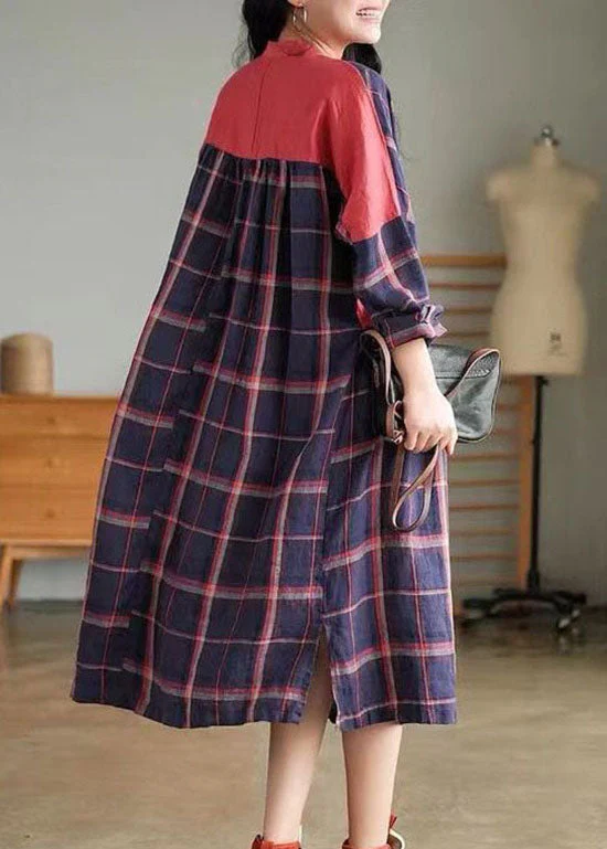 Plus Size Blue O-Neck Plaid Patchwork shirt Dress Spring - Image 5