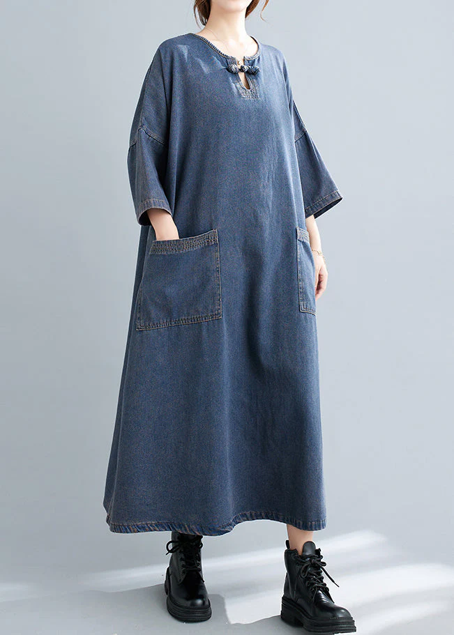 Plus Size Blue O Neck Pockets Patchwork Denim Long Dresses Fall - Image 2