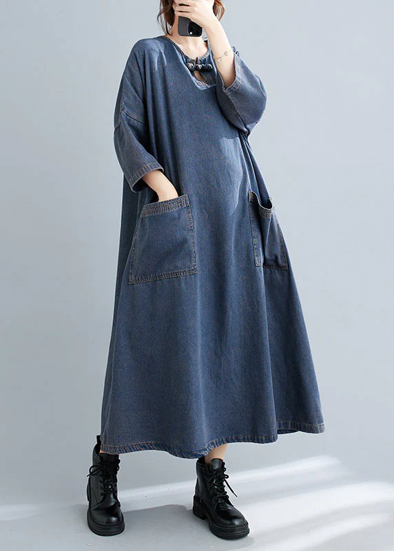 Plus Size Blue O Neck Pockets Patchwork Denim Long Dresses Fall - Image 3