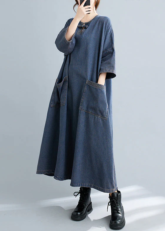 Plus Size Blue O Neck Pockets Patchwork Denim Long Dresses Fall - Image 4