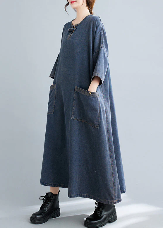 Plus Size Blue O Neck Pockets Patchwork Denim Long Dresses Fall - Image 5
