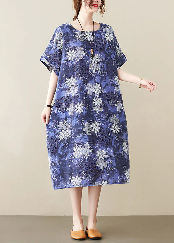 Plus Size Blue O-Neck Print Cotton Holiday Dress Short Sleeve - Image 2