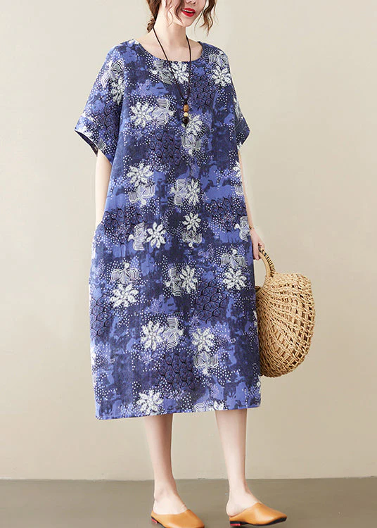 Plus Size Blue O-Neck Print Cotton Holiday Dress Short Sleeve - Image 3
