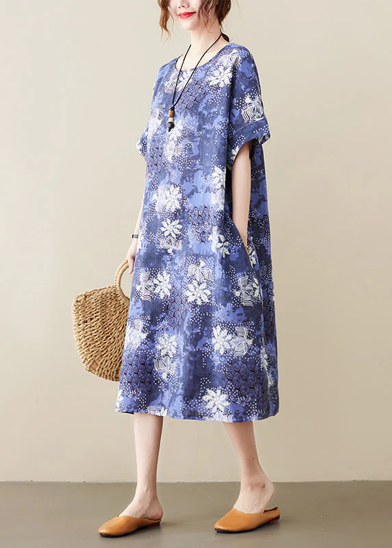 Plus Size Blue O-Neck Print Cotton Holiday Dress Short Sleeve - Image 4