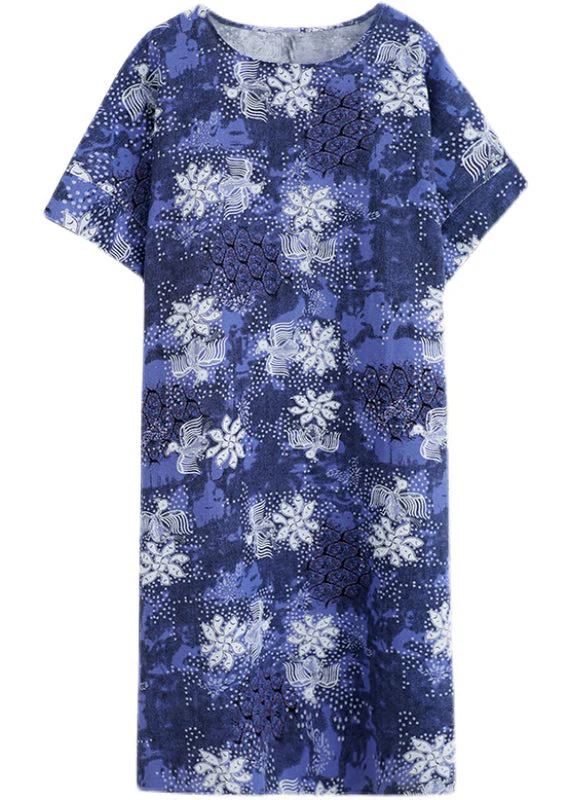 Plus Size Blue O-Neck Print Cotton Holiday Dress Short Sleeve - Image 5