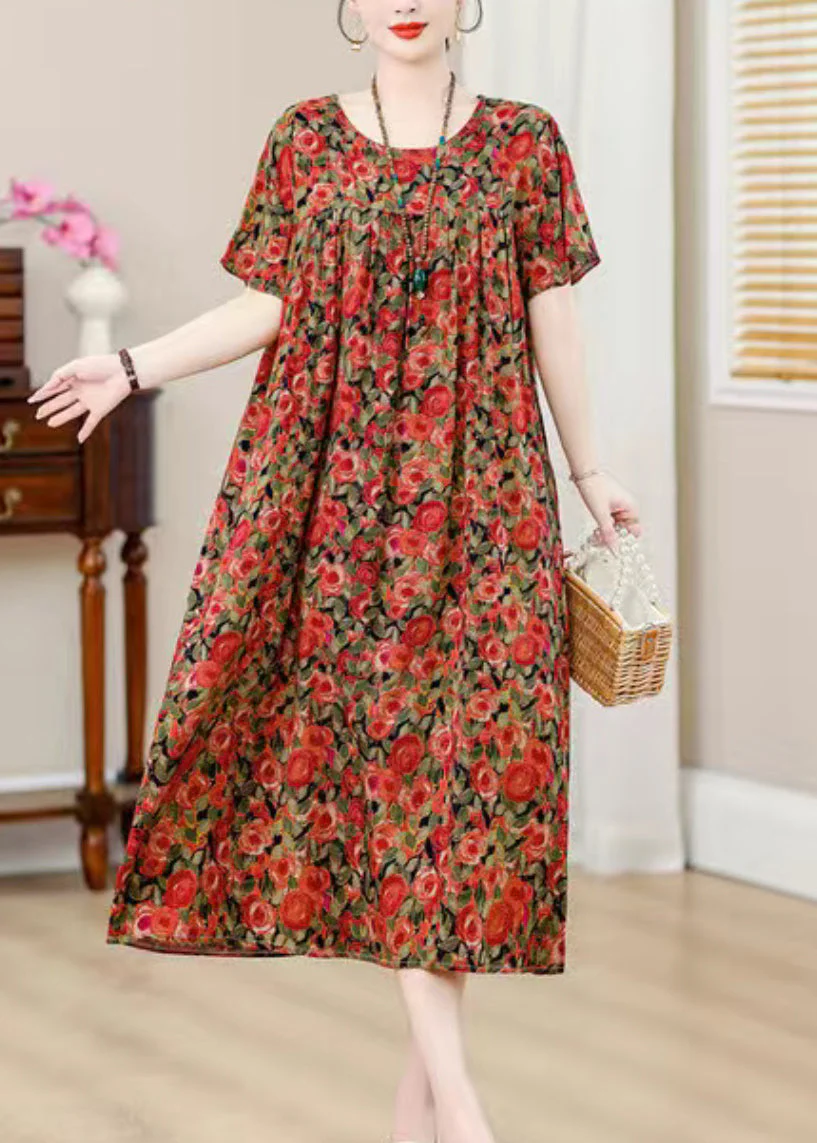 Plus Size Blue O-Neck Print Holiday Long Dress Short Sleeve - Image 2