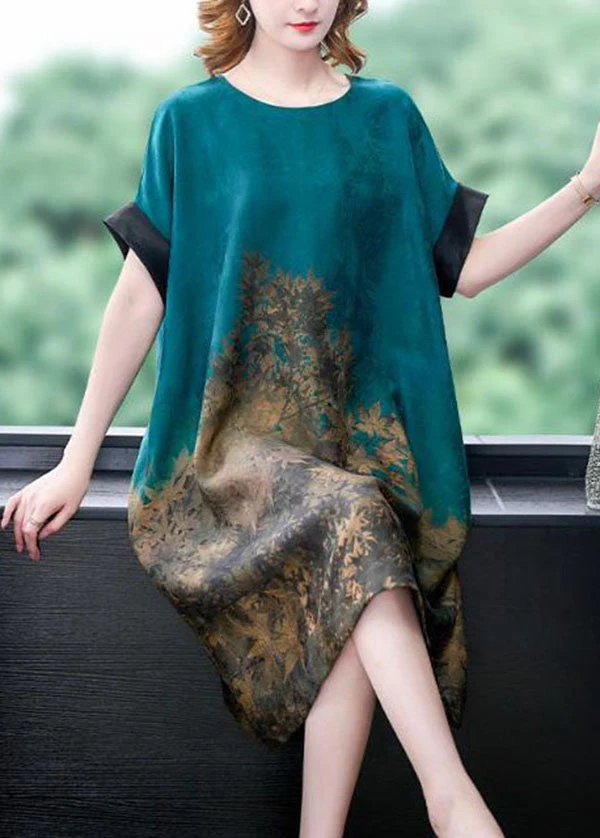 Plus Size Blue O Neck Print Patchwork Silk Dress Summer - Image 3