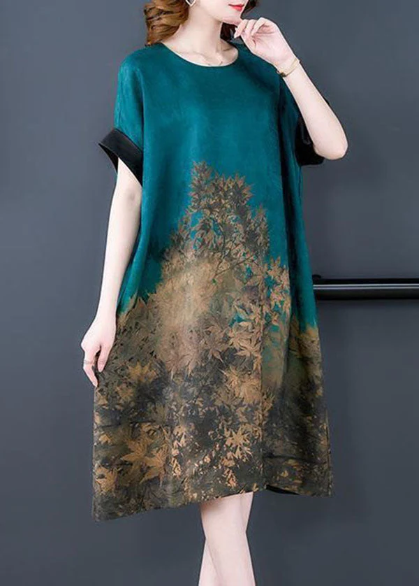 Plus Size Blue O Neck Print Patchwork Silk Dress Summer - Image 4