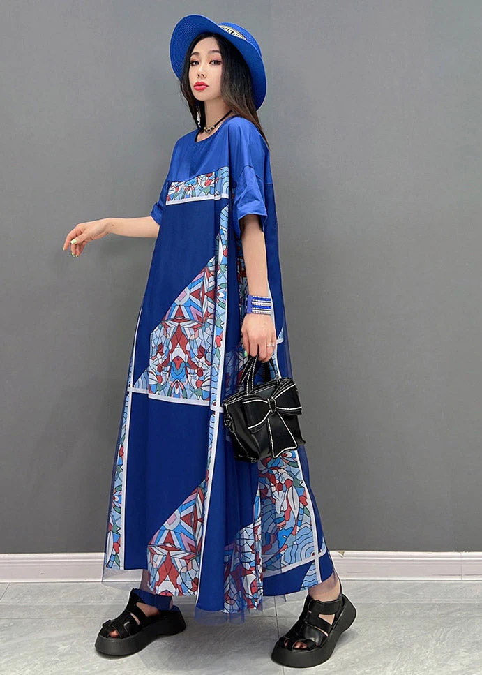 Plus Size Blue O-Neck Print Tulle Patchwork Dresses Short Sleeve - Image 3